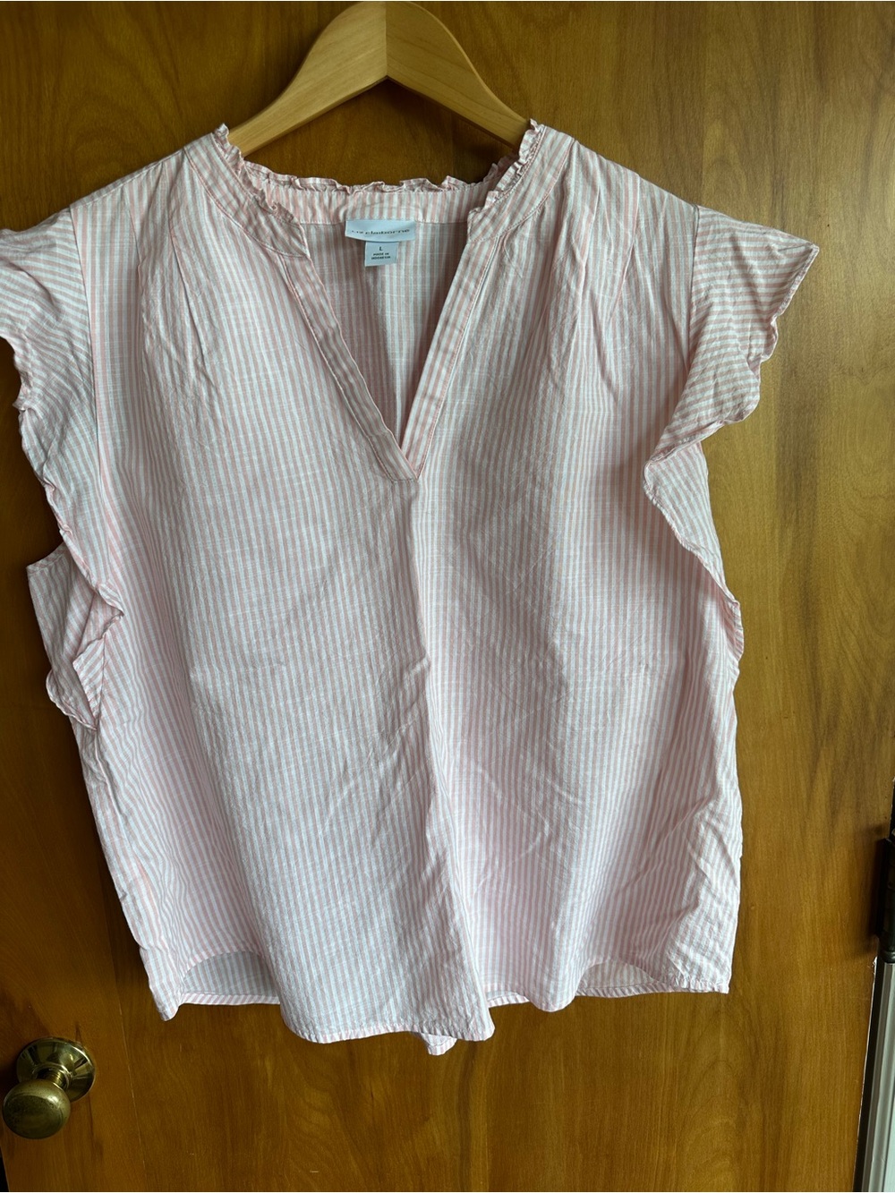 Liz Claiborne Pink and White Striped Flutter Sleeve V-Neck Blouse